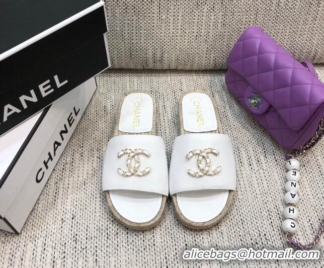 Best Price Chanel Chain CC Lambskin Espadrilles Slide Sandals 022452 White 2021