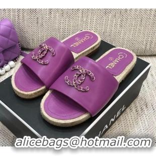 Super Quality Chanel Chain CC Lambskin Espadrilles Slide Sandals 022452 Purple 2021