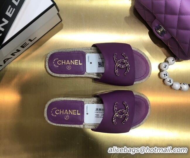 Super Quality Chanel Chain CC Lambskin Espadrilles Slide Sandals 022452 Purple 2021