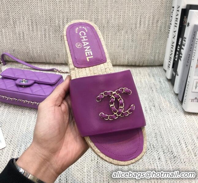 Super Quality Chanel Chain CC Lambskin Espadrilles Slide Sandals 022452 Purple 2021