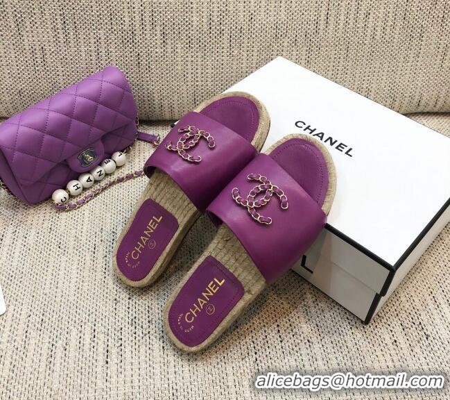 Super Quality Chanel Chain CC Lambskin Espadrilles Slide Sandals 022452 Purple 2021