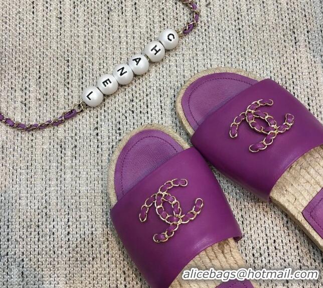 Super Quality Chanel Chain CC Lambskin Espadrilles Slide Sandals 022452 Purple 2021