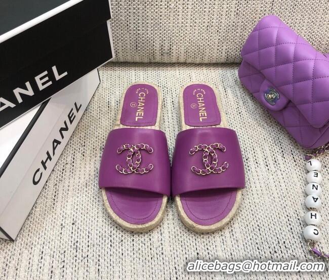 Super Quality Chanel Chain CC Lambskin Espadrilles Slide Sandals 022452 Purple 2021