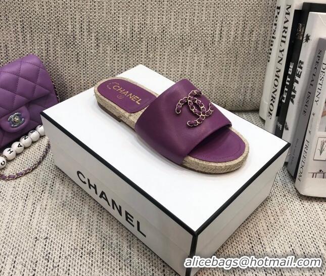 Super Quality Chanel Chain CC Lambskin Espadrilles Slide Sandals 022452 Purple 2021