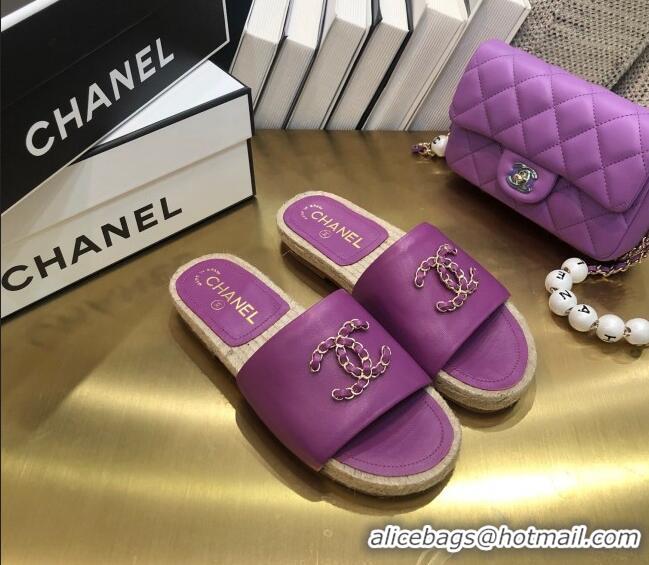 Super Quality Chanel Chain CC Lambskin Espadrilles Slide Sandals 022452 Purple 2021