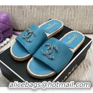 Unique Grade Chanel Chain CC Lambskin Espadrilles Slide Sandals 022452 Blue 2021