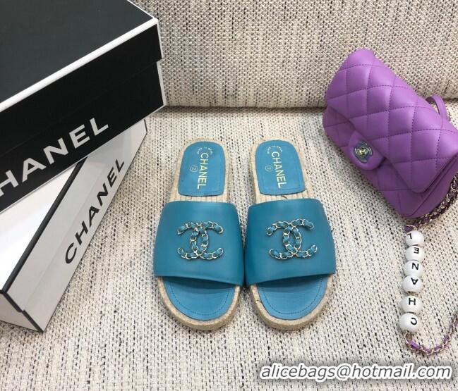 Unique Grade Chanel Chain CC Lambskin Espadrilles Slide Sandals 022452 Blue 2021