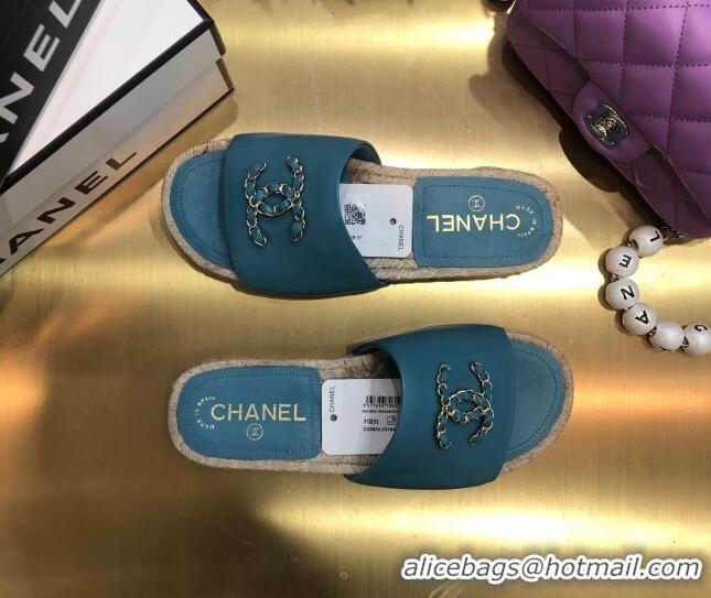 Unique Grade Chanel Chain CC Lambskin Espadrilles Slide Sandals 022452 Blue 2021