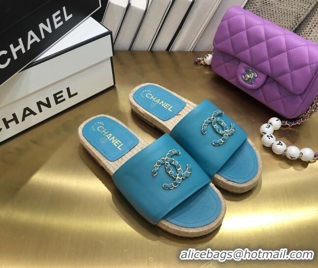 Unique Grade Chanel Chain CC Lambskin Espadrilles Slide Sandals 022452 Blue 2021