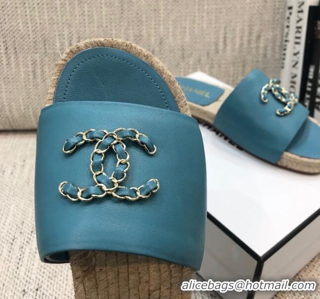 Unique Grade Chanel Chain CC Lambskin Espadrilles Slide Sandals 022452 Blue 2021