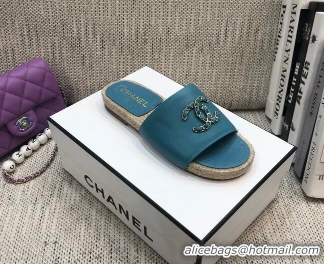 Unique Grade Chanel Chain CC Lambskin Espadrilles Slide Sandals 022452 Blue 2021