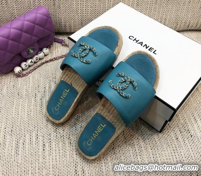 Unique Grade Chanel Chain CC Lambskin Espadrilles Slide Sandals 022452 Blue 2021