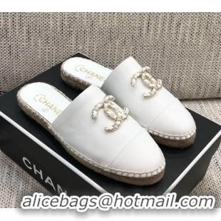 Top Quality Chanel Chain CC Lambskin Espadrilles Mules 022456 White 2021