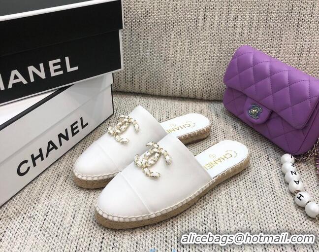 Top Quality Chanel Chain CC Lambskin Espadrilles Mules 022456 White 2021