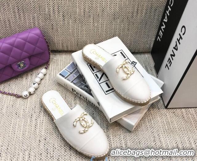 Top Quality Chanel Chain CC Lambskin Espadrilles Mules 022456 White 2021