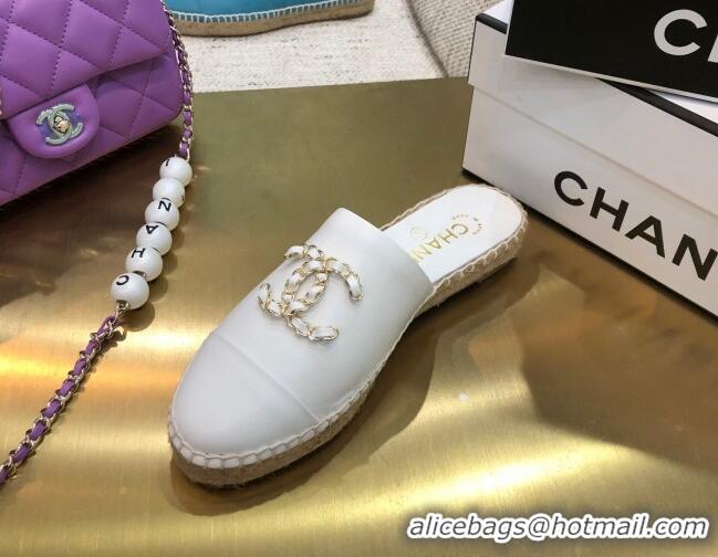 Top Quality Chanel Chain CC Lambskin Espadrilles Mules 022456 White 2021