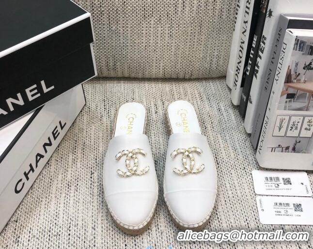 Top Quality Chanel Chain CC Lambskin Espadrilles Mules 022456 White 2021