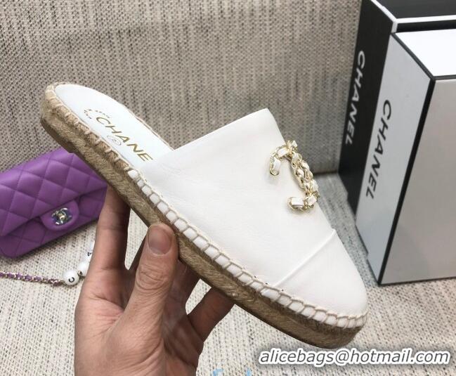 Top Quality Chanel Chain CC Lambskin Espadrilles Mules 022456 White 2021