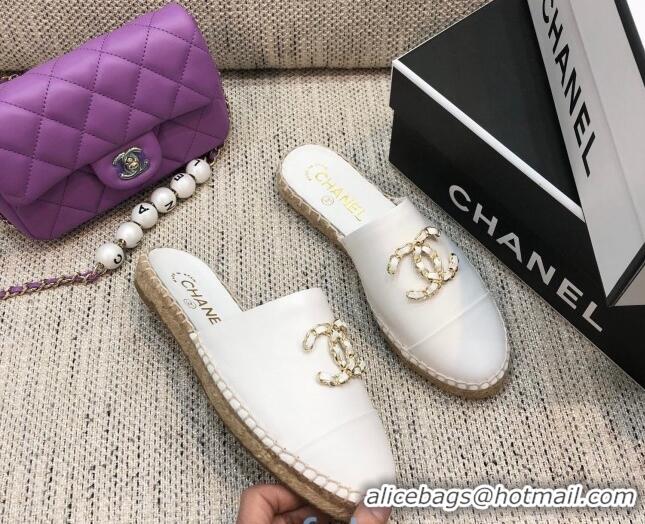 Top Quality Chanel Chain CC Lambskin Espadrilles Mules 022456 White 2021