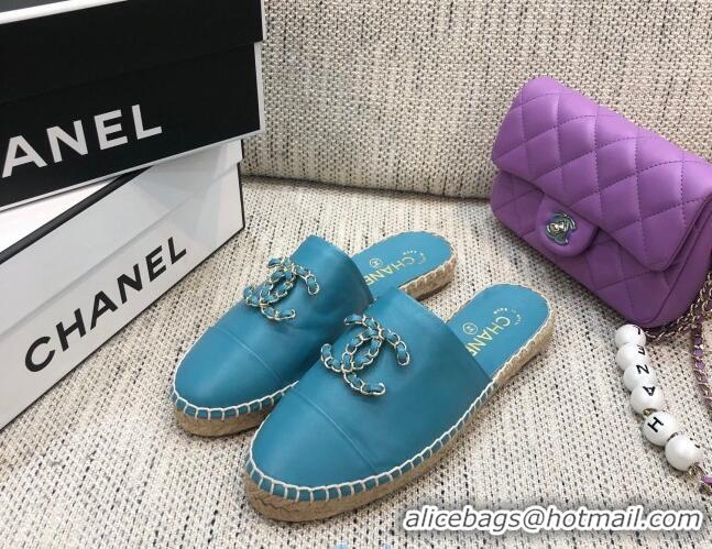 Classic Practical Chanel Chain CC Lambskin Espadrilles Mules 022456 Blue 2021