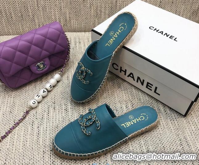 Classic Practical Chanel Chain CC Lambskin Espadrilles Mules 022456 Blue 2021