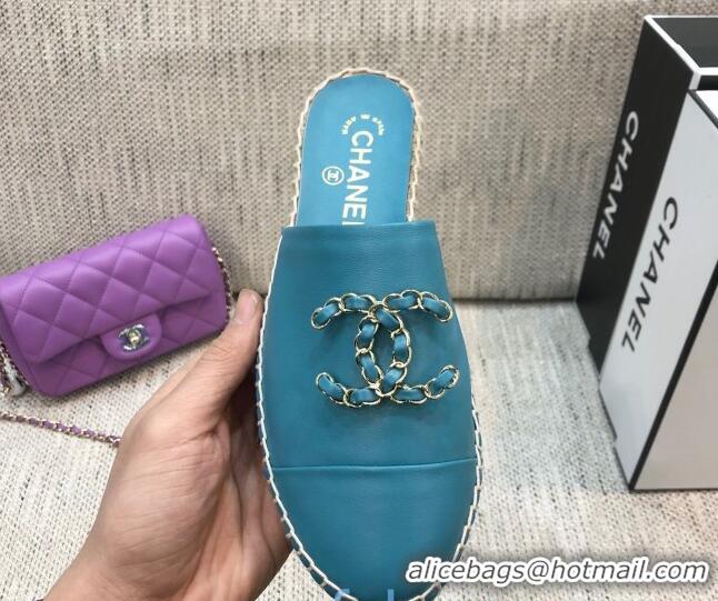 Classic Practical Chanel Chain CC Lambskin Espadrilles Mules 022456 Blue 2021