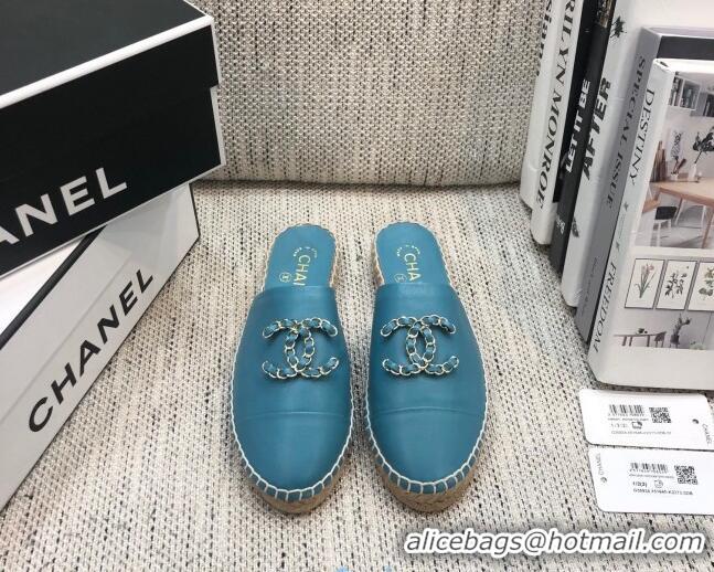 Classic Practical Chanel Chain CC Lambskin Espadrilles Mules 022456 Blue 2021