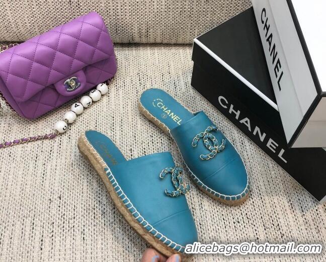 Classic Practical Chanel Chain CC Lambskin Espadrilles Mules 022456 Blue 2021