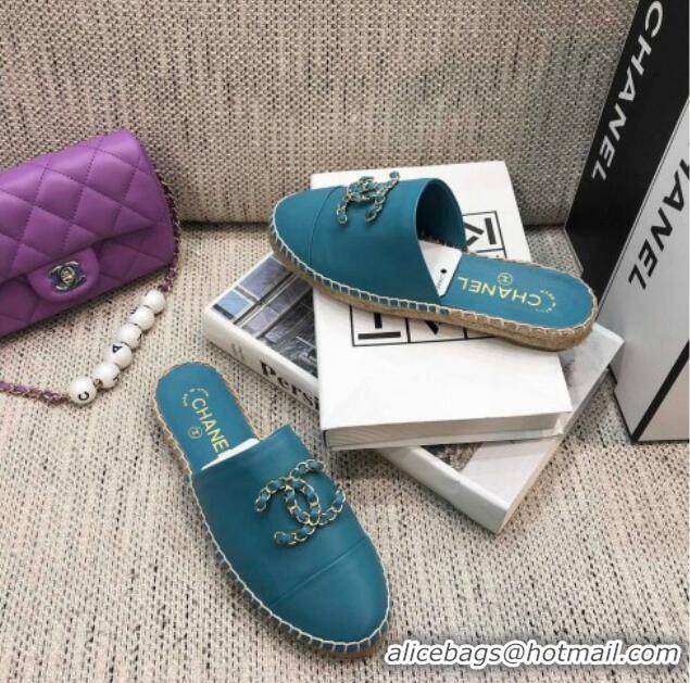 Classic Practical Chanel Chain CC Lambskin Espadrilles Mules 022456 Blue 2021