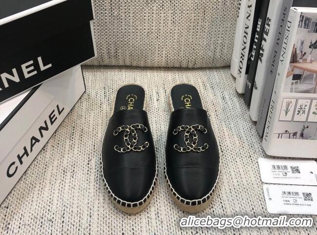 Good Product Chanel Chain CC Lambskin Espadrilles Mules 022456 Black 2021