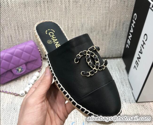 Good Product Chanel Chain CC Lambskin Espadrilles Mules 022456 Black 2021