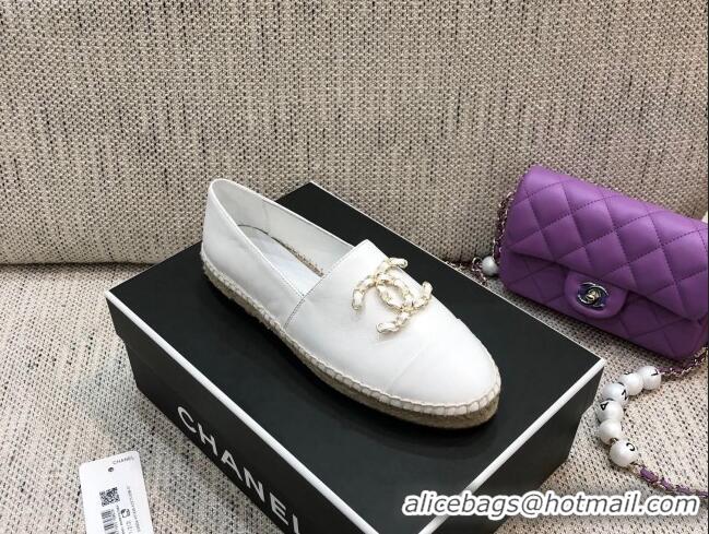 Low Cost Chanel Chain CC Lambskin Flat Espadrilles 022461 White 2021