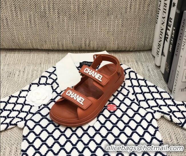 Grade Design Chanel Leather Strap Flat Sandals with White CHANEL Charm G35927 Brown 2021