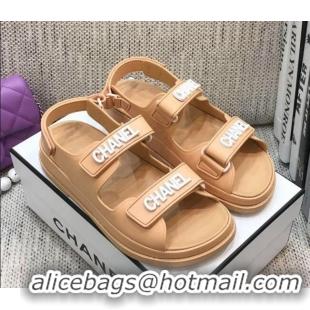 Cheap Design Chanel Leather Strap Flat Sandals with White CHANEL Charm G35927 Nude 2021