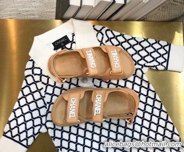 Cheap Design Chanel Leather Strap Flat Sandals with White CHANEL Charm G35927 Nude 2021