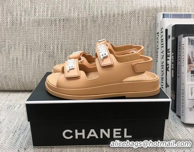 Cheap Design Chanel Leather Strap Flat Sandals with White CHANEL Charm G35927 Nude 2021