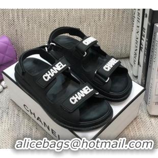 New Style Chanel Leather Strap Flat Sandals with White CHANEL Charm G35927 Black 2021