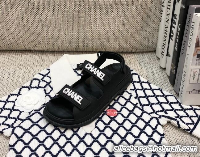 New Style Chanel Leather Strap Flat Sandals with White CHANEL Charm G35927 Black 2021