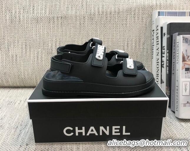 New Style Chanel Leather Strap Flat Sandals with White CHANEL Charm G35927 Black 2021