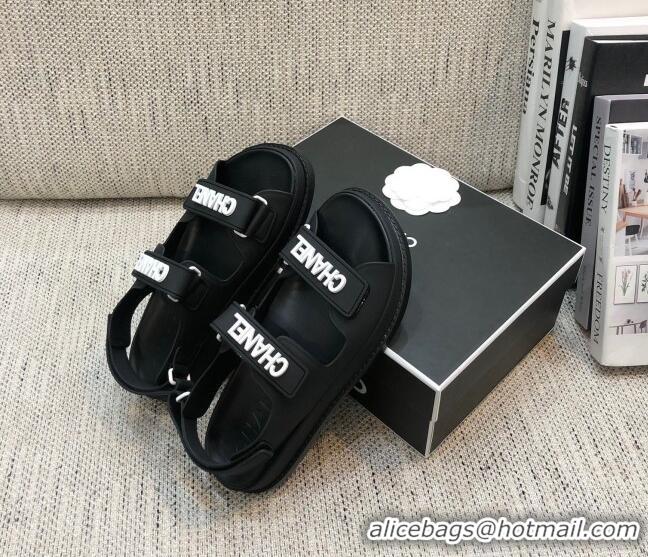 New Style Chanel Leather Strap Flat Sandals with White CHANEL Charm G35927 Black 2021