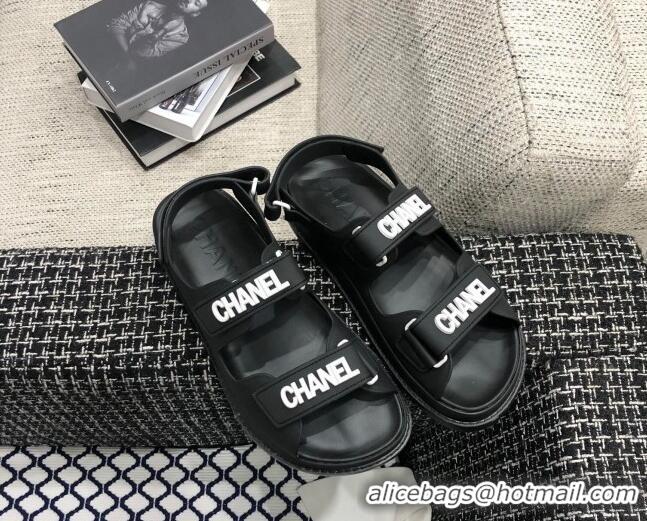 New Style Chanel Leather Strap Flat Sandals with White CHANEL Charm G35927 Black 2021