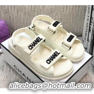 Custom Chanel Leather Strap Flat Sandals with Black CHANEL Charm G35927 White 2021