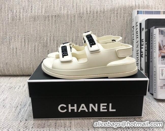 Custom Chanel Leather Strap Flat Sandals with Black CHANEL Charm G35927 White 2021