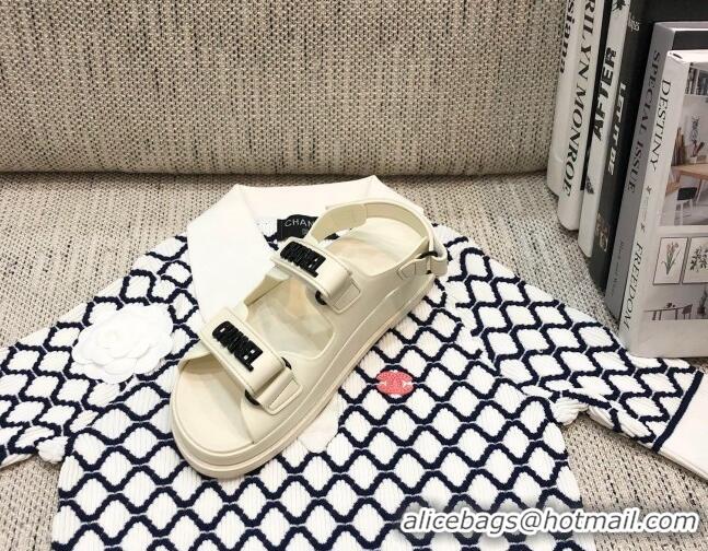 Custom Chanel Leather Strap Flat Sandals with Black CHANEL Charm G35927 White 2021