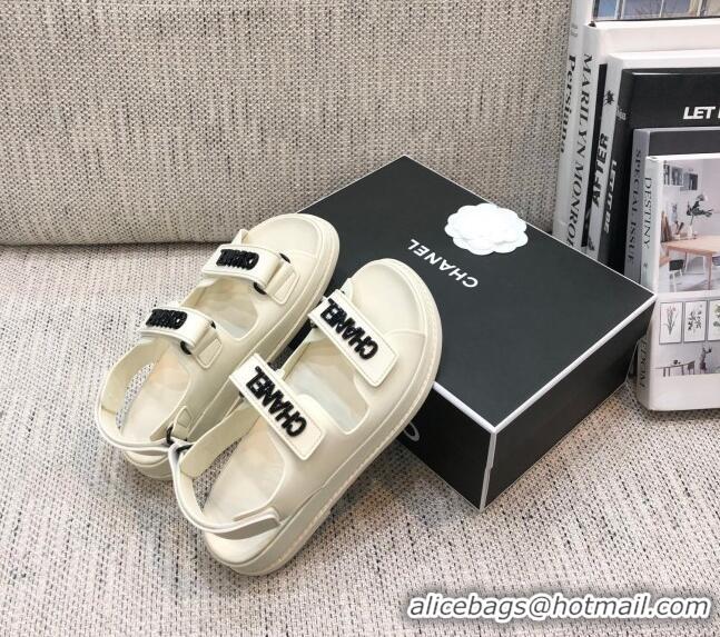 Custom Chanel Leather Strap Flat Sandals with Black CHANEL Charm G35927 White 2021