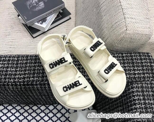 Custom Chanel Leather Strap Flat Sandals with Black CHANEL Charm G35927 White 2021