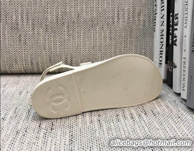 Custom Chanel Leather Strap Flat Sandals with Black CHANEL Charm G35927 White 2021