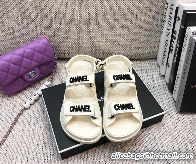 Custom Chanel Leather Strap Flat Sandals with Black CHANEL Charm G35927 White 2021