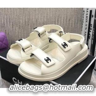 Low Price Chanel Leather Strap Flat Sandals with Black CC Charm G35927 White 2021