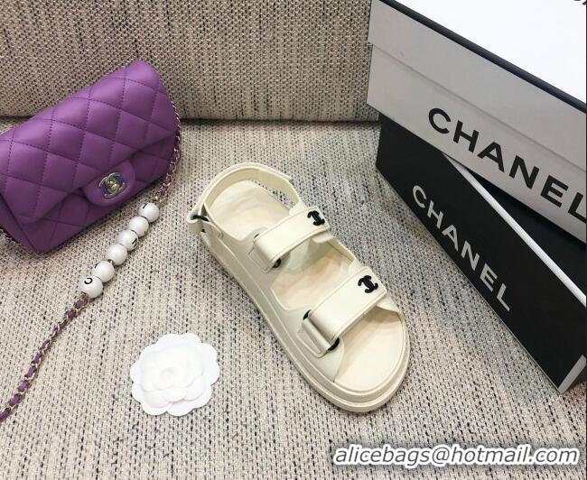 Low Price Chanel Leather Strap Flat Sandals with Black CC Charm G35927 White 2021